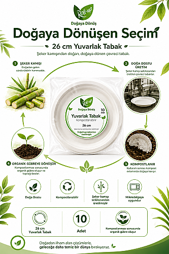 Roll-Up Doğa Dostu Kompostlanabilir Şeker Kamışı Yuvarlak Tek Kullanımlık Tabak 26 cm 10 Adet - 4