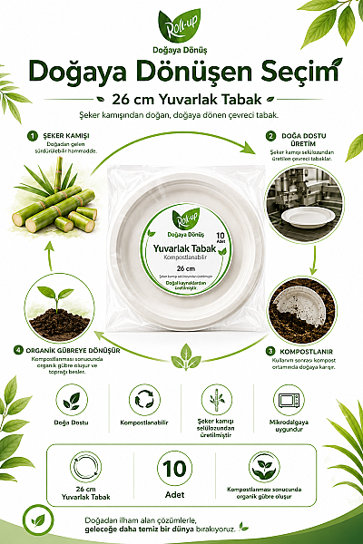 Roll-Up Doğa Dostu Kompostlanabilir Şeker Kamışı Yuvarlak Tek Kullanımlık Tabak 26 cm 10 Adet - 4