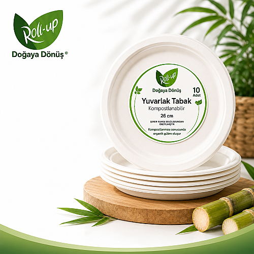 Roll-Up Doğa Dostu Kompostlanabilir Şeker Kamışı Yuvarlak Tek Kullanımlık Tabak 26 cm 10 Adet - Roll-up