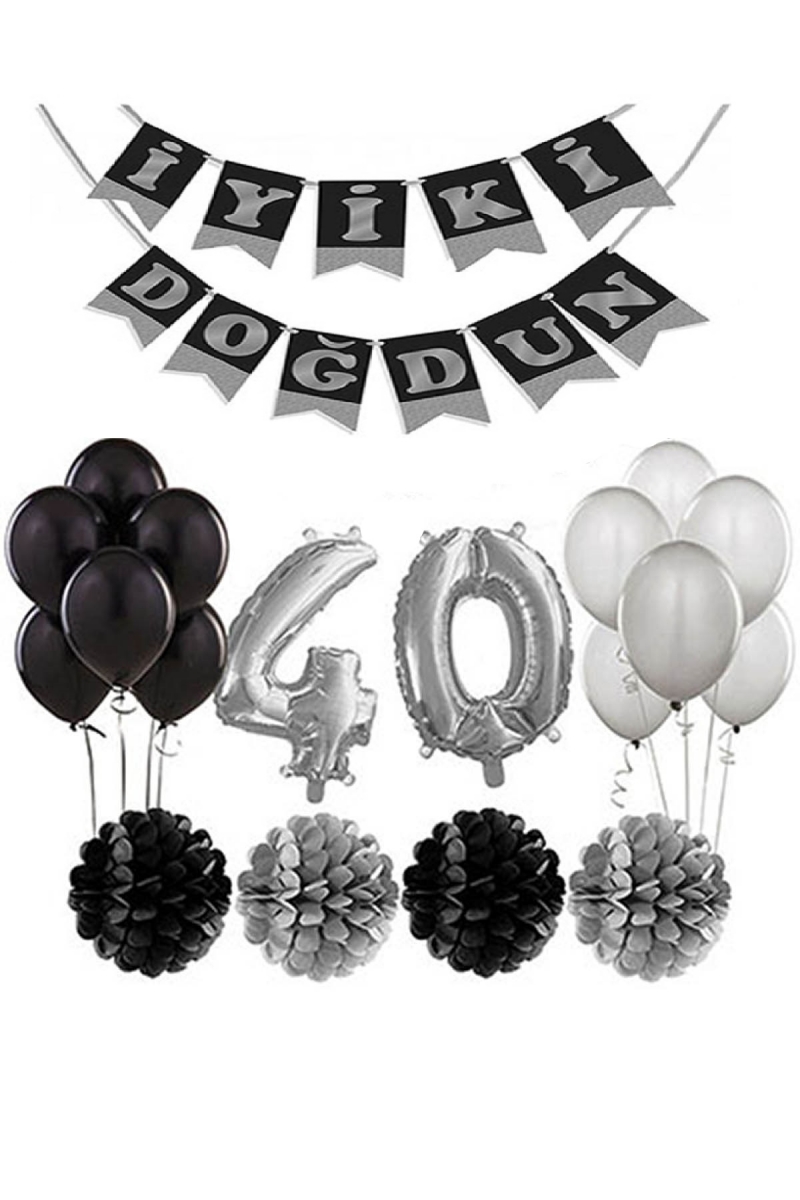 40 Yaş Doğum Günü Mekan Süsleme Seti Gümüş ve Siyah - 1