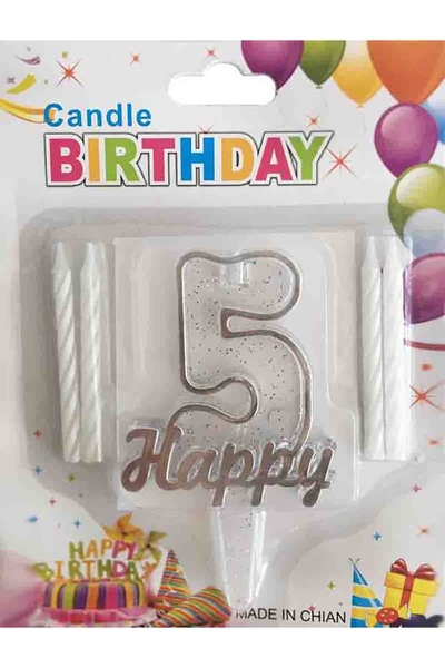 5 Yaş Gümüş Happy Birthday Yazılı Mum 6cm x 15cm 1 Adet - 1