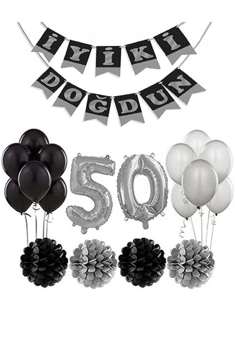 50 Yaş Doğum Günü Mekan Süsleme Seti Gümüş ve Siyah - 1