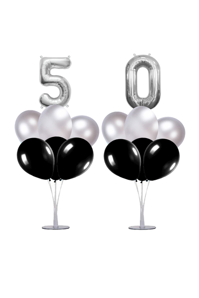 50 Yaş Siyah-Gümüş Balon Standlı Doğum Günü Balon Süsleme Seti 24 Parça - 1