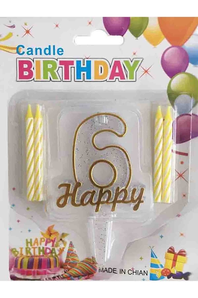 6 Yaş Altın Happy Birthday Yazılı Mum 6cm x 15cm 1 Adet - 1