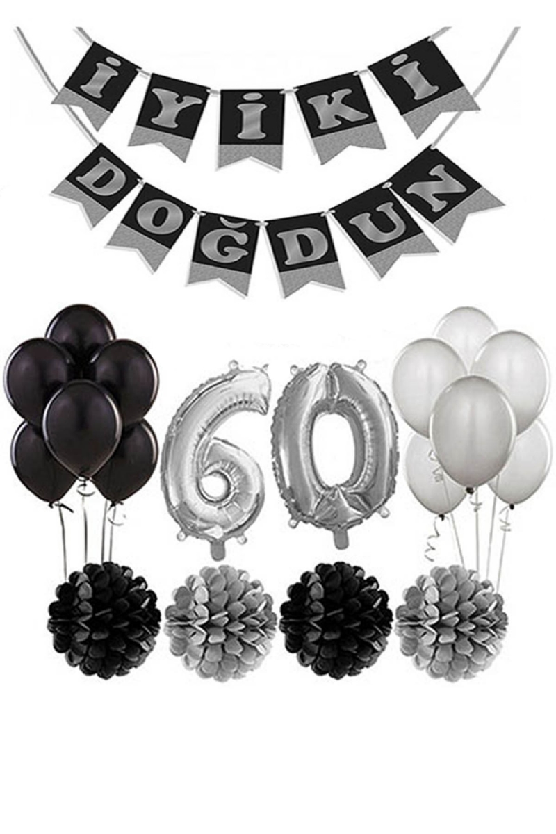 60 Yaş Doğum Günü Mekan Süsleme Seti Gümüş ve Siyah - 1