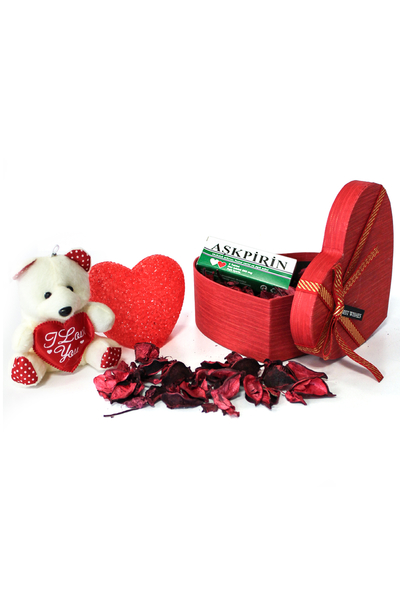Altın Yıldız Kurdeleli Küçük Boy Kalp Kutu ve Hediye Seti 5 Parça Model 6 - 1