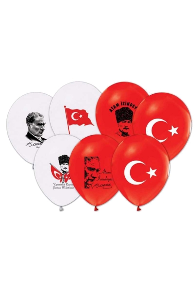 Atatürk ve Türk Bayrağı Baskılı Kırmızı-Beyaz Lateks Balon 10lu - 1