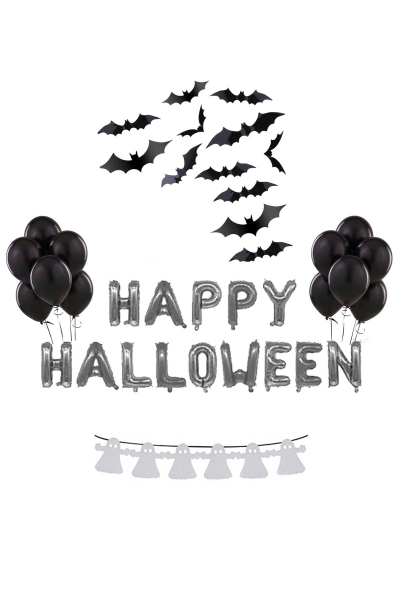 Cadılar Bayramı Yarasa Duvar Dekorlu Happy Halloween Folyo Balon Seti 48 Parça - 1