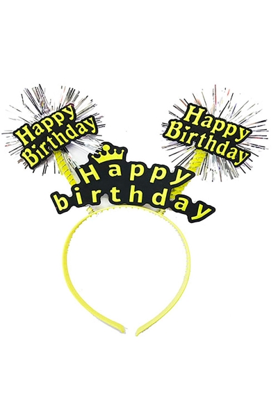Happy Birthday Yazılı Püsküllü Neon Sarı Renk Doğum Günü Tacı - 1