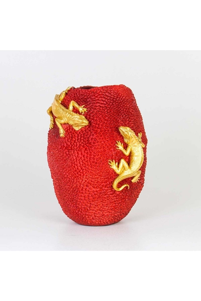 Polirezen Kertenkele Figürlü Vazo Kırmızı Altın Renk 25x40cm 1 Adet - 1