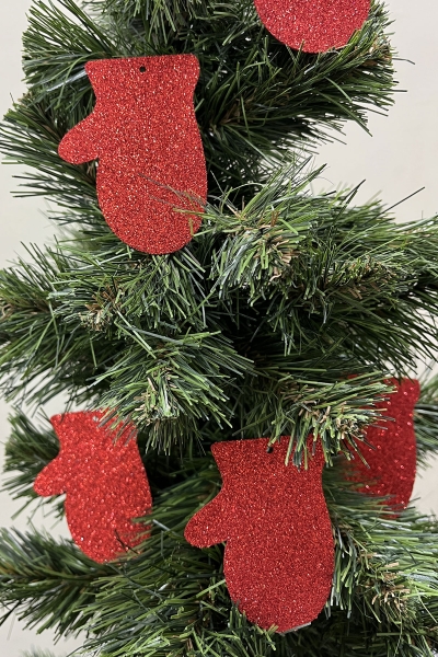 Kırmızı Mini Eldiven Simli Eva Ağaç Süsü 7x5cm 6lı - 1