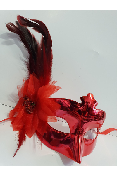 Kırmızı Tüylü Yılbaşı Maskesi Parti Maskesi 1 Adet - 1