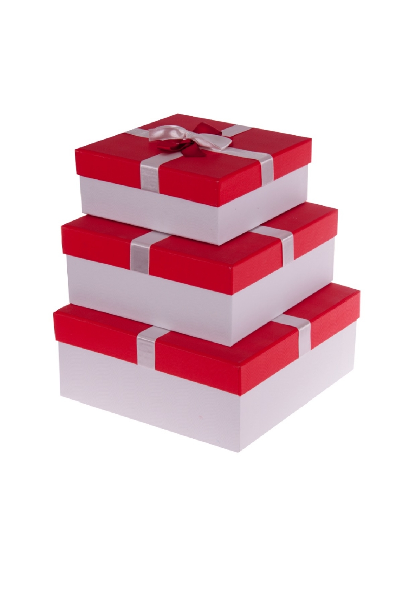 Kurdeleli Beyaz Kapaklı Kırmızı Kare Hediye Kutusu Set 3lü - 2