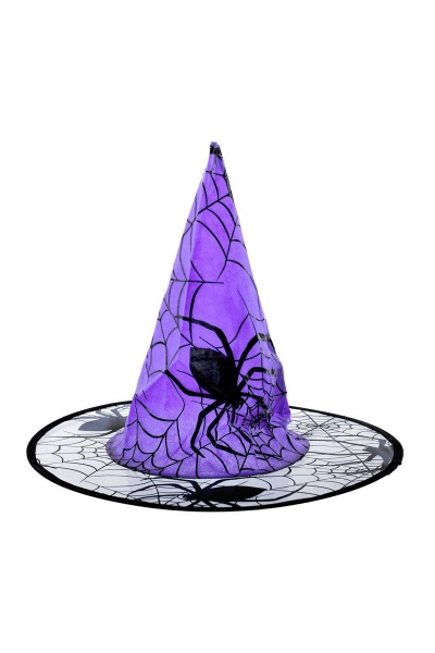 Mor Örümcek Desenli Halloween Cadı Şapkası 1 Adet - 1