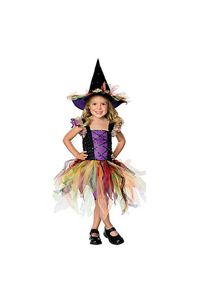 Renkli Cadı Kız Çocuk Kostümü 5-7 Yaş 1 Adet - 1