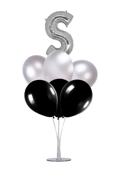 Siyah-Gümüş S Harf Balon Standı Seti 22 Parça - 1