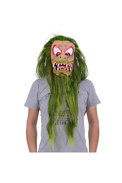 Yeşil Saçlı Sakallı Bıyıklı Lateks Dişli Korku Hayalet Maskesi - 1