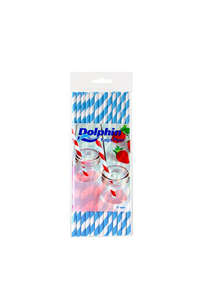 Dolphin Kağıt Pipet Açık Mavi Çizgili Beyaz 20cm 25li - 1