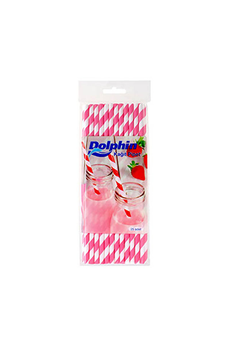 Dolphin Kağıt Pipet Pembe Çizgili Beyaz 20cm 25li - 1