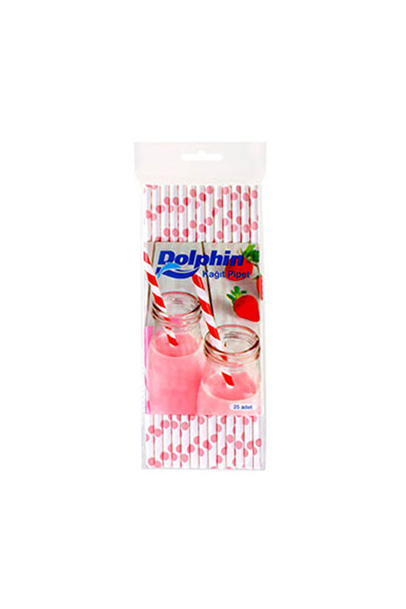 Dolphin Kağıt Pipet Pembe Puantiyeli Beyaz 20cm 25li - 1