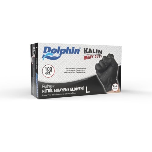 Dolphin Siyah Nitril Eldiven Pudrasız Ekstra Kalın L 100 Adet - Dolphin