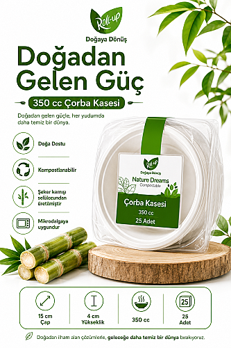 Roll Up Doğa Dostu Kompostlanabilir Şeker Kamışı Tek Kullanımlık Çorba Kasesi 350 cc 25 Adet - 2