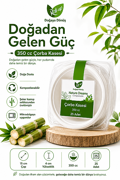 Roll Up Doğa Dostu Kompostlanabilir Şeker Kamışı Tek Kullanımlık Çorba Kasesi 350 cc 25 Adet - 2