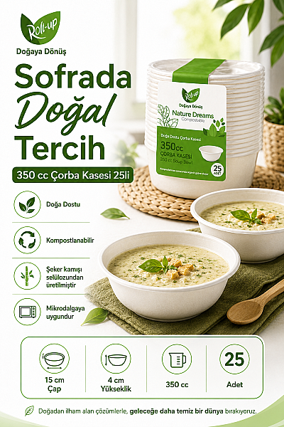 Roll Up Doğa Dostu Kompostlanabilir Şeker Kamışı Tek Kullanımlık Çorba Kasesi 350 cc 25 Adet - 3