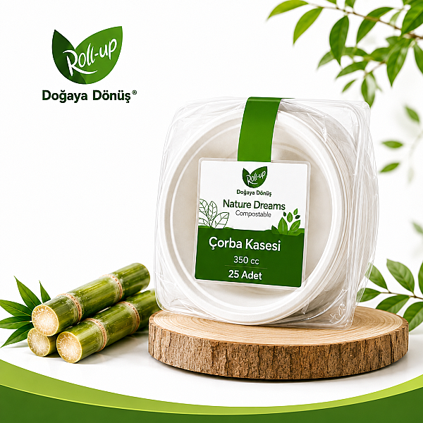 Roll Up Doğa Dostu Kompostlanabilir Şeker Kamışı Tek Kullanımlık Çorba Kasesi 350 cc 25 Adet - 1