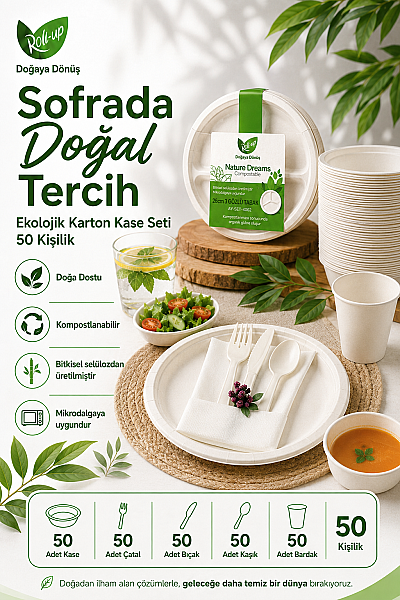 Roll Up Doğa Dostu Ekolojik 50 Kişilik Sofra Seti 400 cc Kase Çatal Bıçak Kaşık Bardak 250 Parça - 3