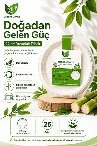 Roll Up Doğa Dostu Kompostlanabilir Şeker Kamışı Yuvarlak Tek Kullanımlık Tabak 22 cm 25 Adet - 2