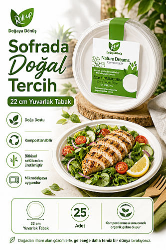 Roll Up Doğa Dostu Kompostlanabilir Şeker Kamışı Yuvarlak Tek Kullanımlık Tabak 22 cm 25 Adet - 3
