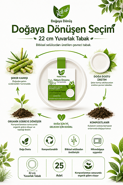 Roll Up Doğa Dostu Kompostlanabilir Şeker Kamışı Yuvarlak Tek Kullanımlık Tabak 22 cm 25 Adet - 4