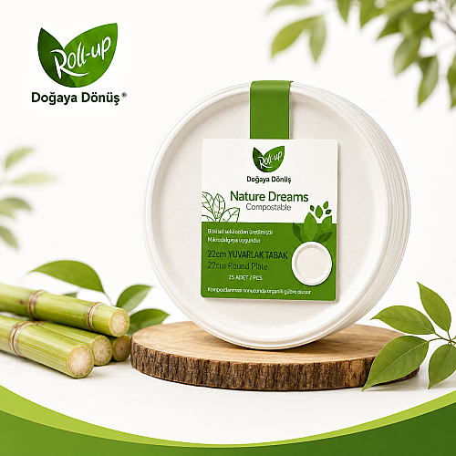 Roll Up Doğa Dostu Kompostlanabilir Şeker Kamışı Yuvarlak Tek Kullanımlık Tabak 22 cm 25 Adet - Roll-up