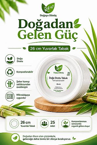 Roll-Up Doğa Dostu Kompostlanabilir Şeker Kamışı Yuvarlak Tek Kullanımlık Tabak 26 cm 25 Adet - 2
