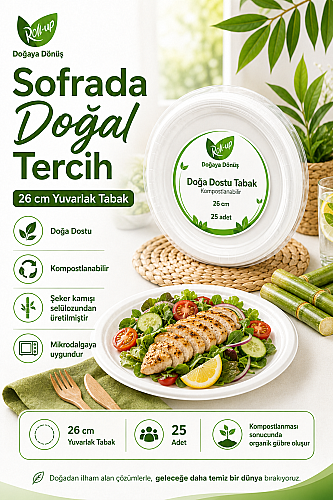 Roll-Up Doğa Dostu Kompostlanabilir Şeker Kamışı Yuvarlak Tek Kullanımlık Tabak 26 cm 25 Adet - 3