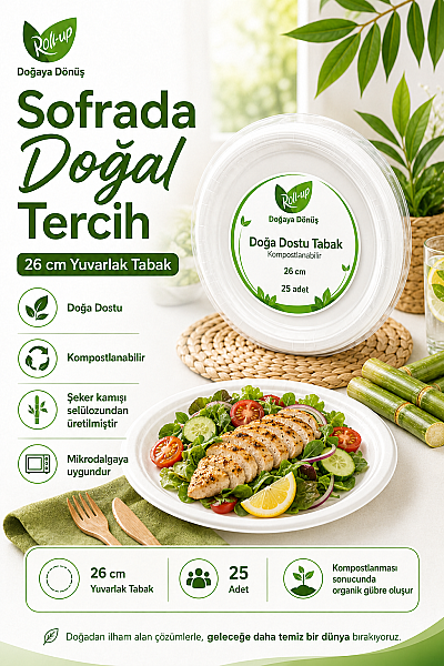 Roll-Up Doğa Dostu Kompostlanabilir Şeker Kamışı Yuvarlak Tek Kullanımlık Tabak 26 cm 25 Adet - 3