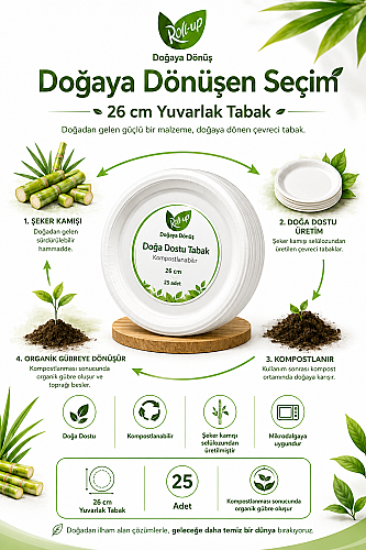 Roll-Up Doğa Dostu Kompostlanabilir Şeker Kamışı Yuvarlak Tek Kullanımlık Tabak 26 cm 25 Adet - 4