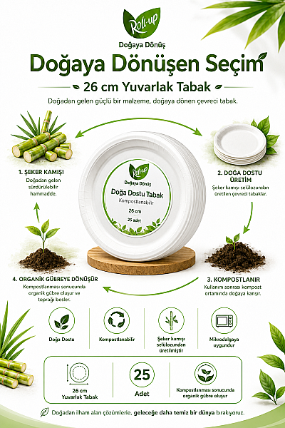 Roll-Up Doğa Dostu Kompostlanabilir Şeker Kamışı Yuvarlak Tek Kullanımlık Tabak 26 cm 25 Adet - 4