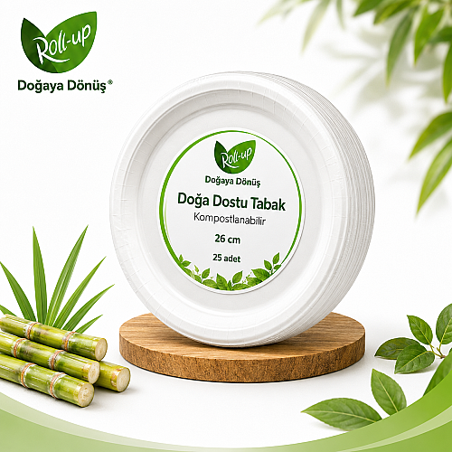 Roll-Up Doğa Dostu Kompostlanabilir Şeker Kamışı Yuvarlak Tek Kullanımlık Tabak 26 cm 25 Adet