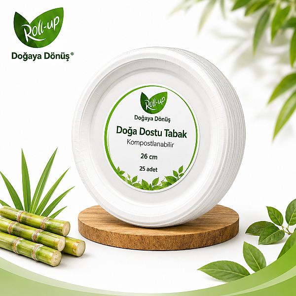Roll-Up Doğa Dostu Kompostlanabilir Şeker Kamışı Yuvarlak Tek Kullanımlık Tabak 26 cm 25 Adet - 1