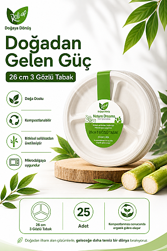 Roll Up Doğa Dostu Kompostlanabilir Şeker Kamışı 3 Gözlü Yuvarlak Tek Kullanımlık Tabak 26 cm 25 Adet - 2