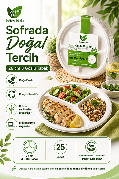 Roll Up Doğa Dostu Kompostlanabilir Şeker Kamışı 3 Gözlü Yuvarlak Tek Kullanımlık Tabak 26 cm 25 Adet - 3