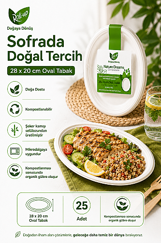 Roll-Up Doğa Dostu Kompostlanabilir Şeker Kamışı Oval Tek Kullanımlık Tabak 28 x 20 cm 25 Adet - 2