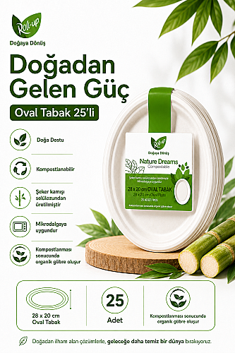 Roll-Up Doğa Dostu Kompostlanabilir Şeker Kamışı Oval Tek Kullanımlık Tabak 28 x 20 cm 25 Adet - 3
