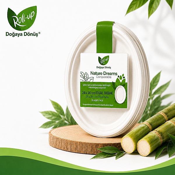 Roll-Up Doğa Dostu Kompostlanabilir Şeker Kamışı Oval Tek Kullanımlık Tabak 28 x 20 cm 25 Adet - 1