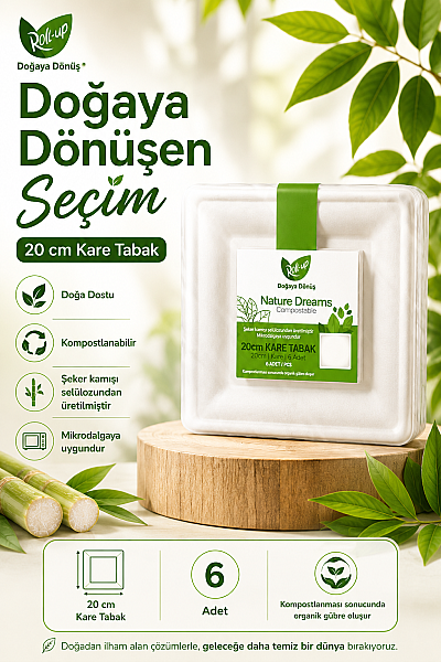 Roll-Up Doğa Dostu Kompostlanabilir Şeker Kamışı Kare Tek Kullanımlık Tabak 20 cm 6 Adet - 2