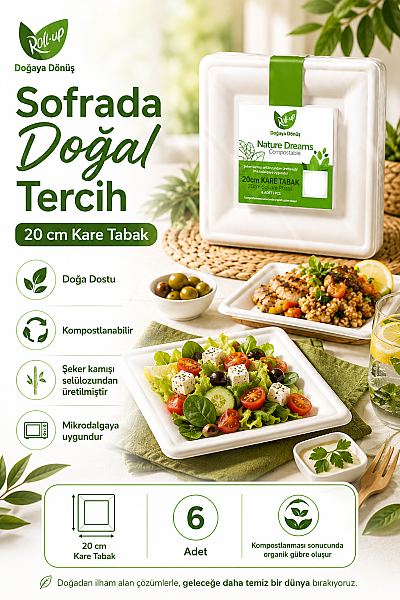 Roll-Up Doğa Dostu Kompostlanabilir Şeker Kamışı Kare Tek Kullanımlık Tabak 20 cm 6 Adet - 3