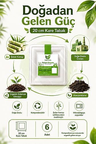 Roll-Up Doğa Dostu Kompostlanabilir Şeker Kamışı Kare Tek Kullanımlık Tabak 20 cm 6 Adet - 4