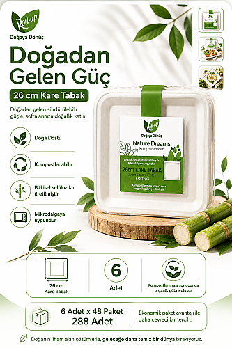 Roll Up Doğa Dostu Kompostlanabilir Şeker Kamışı Kare Tek Kullanımlık Tabak 26 cm 6 Adet x 48 Paket - Koli - 2